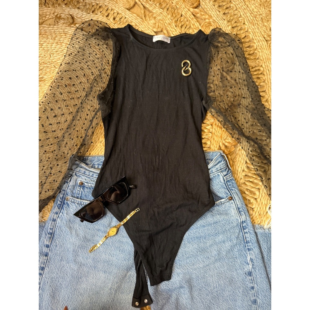 Vestique Black‎ Ribbed Swiss Dot Mesh Puff Sleeve Bodice Bodysuit Small - Picture 6 of 6